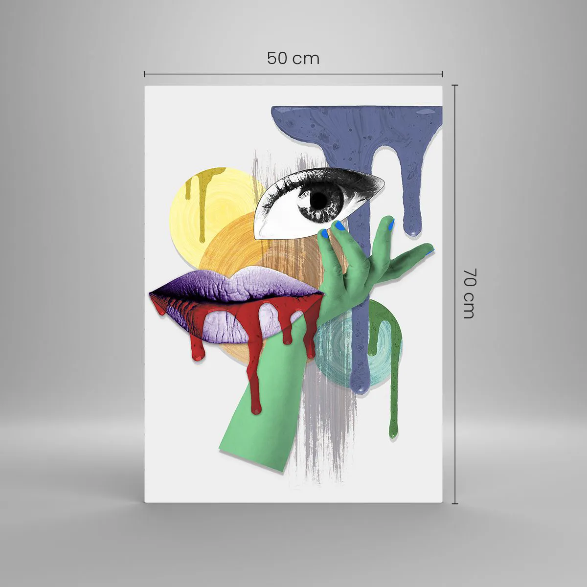 Obraz na szkle - Abstrakcyjna kompozycja z okiem, ustami i kolorami - 50x70cm - Portret zdekonstruowany - Nowoczesna dekoracja ścienna do salonu, kuchni i sypialni ARTTOR