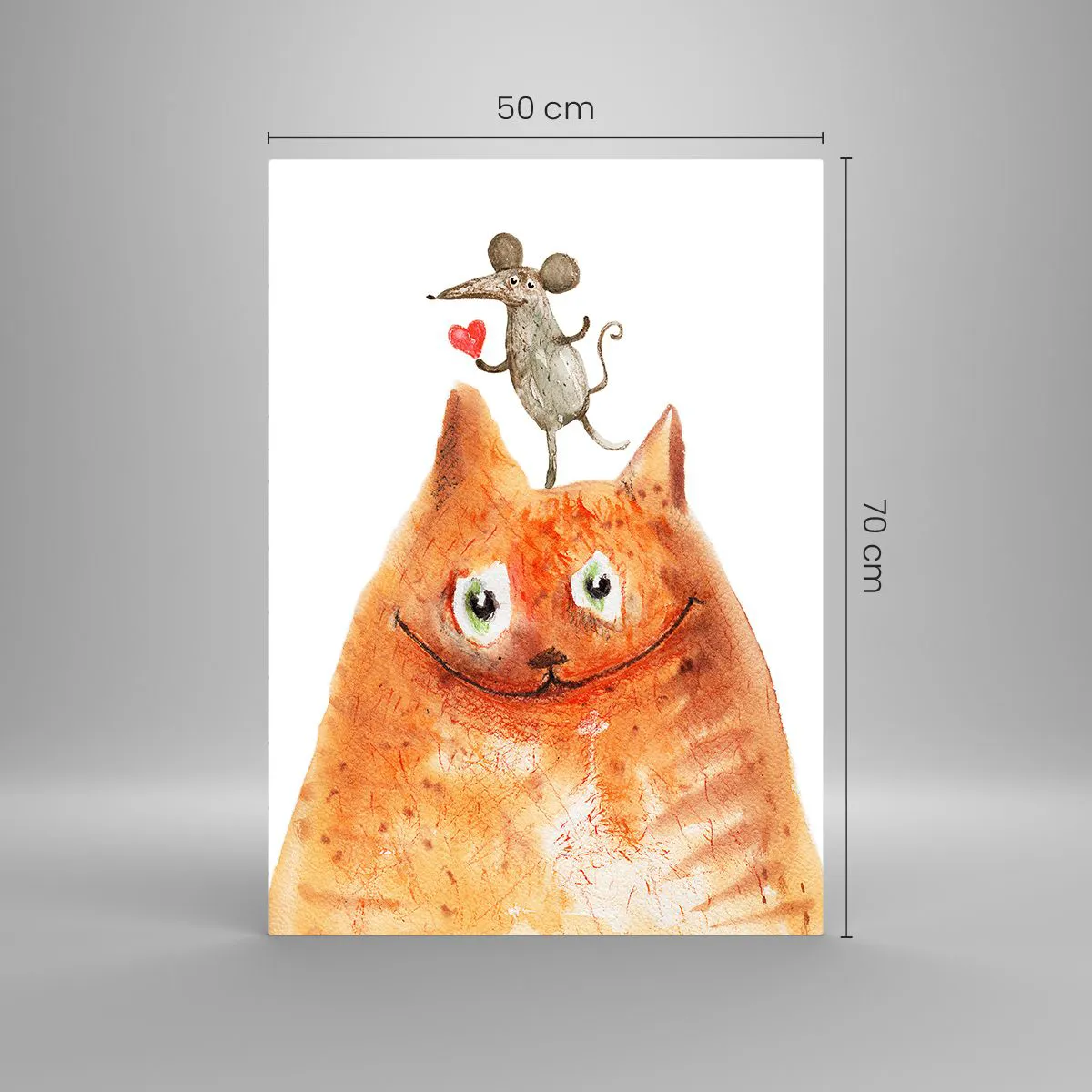 Impression sur verre - Image sur verre - Un chat avec une souris sur la tête dans un style humoristique - 50x70cm - Amour paradoxal - Décoration murale moderne pour le salon et la chambre ARTTOR