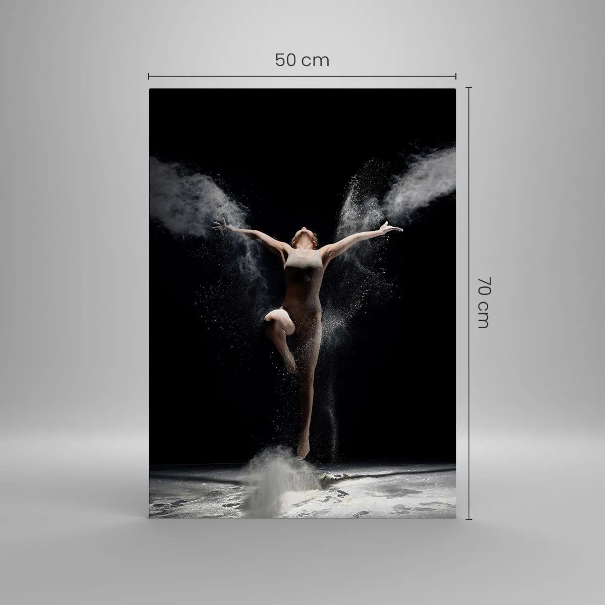 Glasbild - Bild auf glas - Eine Tänzerin in Pulverwolken vor schwarzem Hintergrund - 50x70cm - Elfen existieren - Moderne Wanddekoration für Wohnzimmer und Schlafzimmer ARTTOR