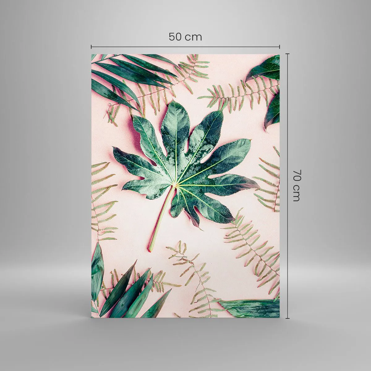 Billede på glas - En undersøgelse af grønt på en lyserød baggrund - 50x70 cm