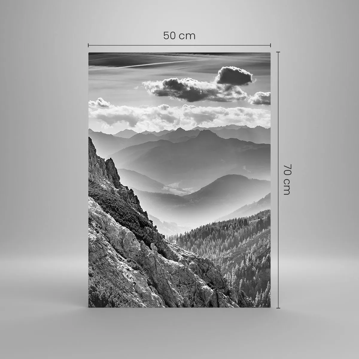 Quadro su vetro - Panorama montano in bianco e nero con vista sulla valle - 50x70cm - Fino all'orizzonte - Decorazione murale moderna per soggiorno e camera da letto ARTTOR