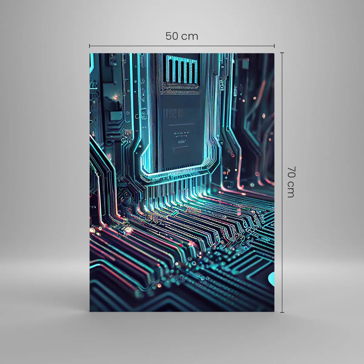 Glasbild - Bild auf glas - Neon-Visualisierung von Prozessorspuren auf schwarzem Hintergrund - 50x70cm - Ich denke nur… - Moderne Wanddekoration für Wohnzimmer und Schlafzimmer ARTTOR