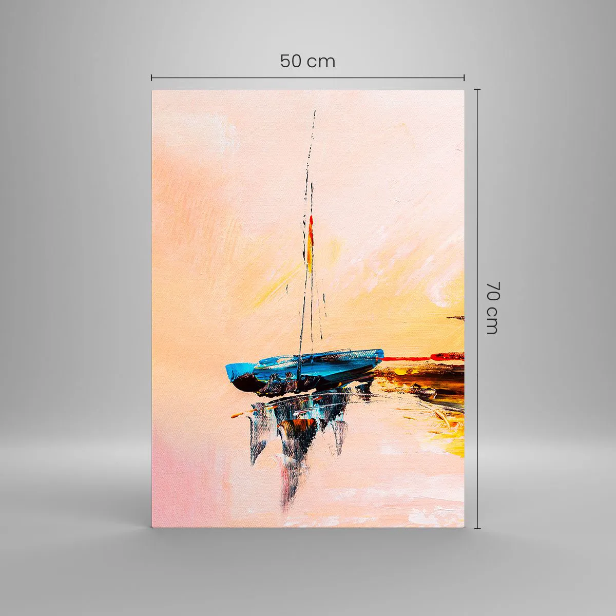 Obraz na szkle - Kolorowe łodzie zacumowane na tle zachodu słońca w stylu impresyjnym - 50x70cm - Wieczór w przystani - Nowoczesna dekoracja ścienna do salonu, kuchni i sypialni ARTTOR