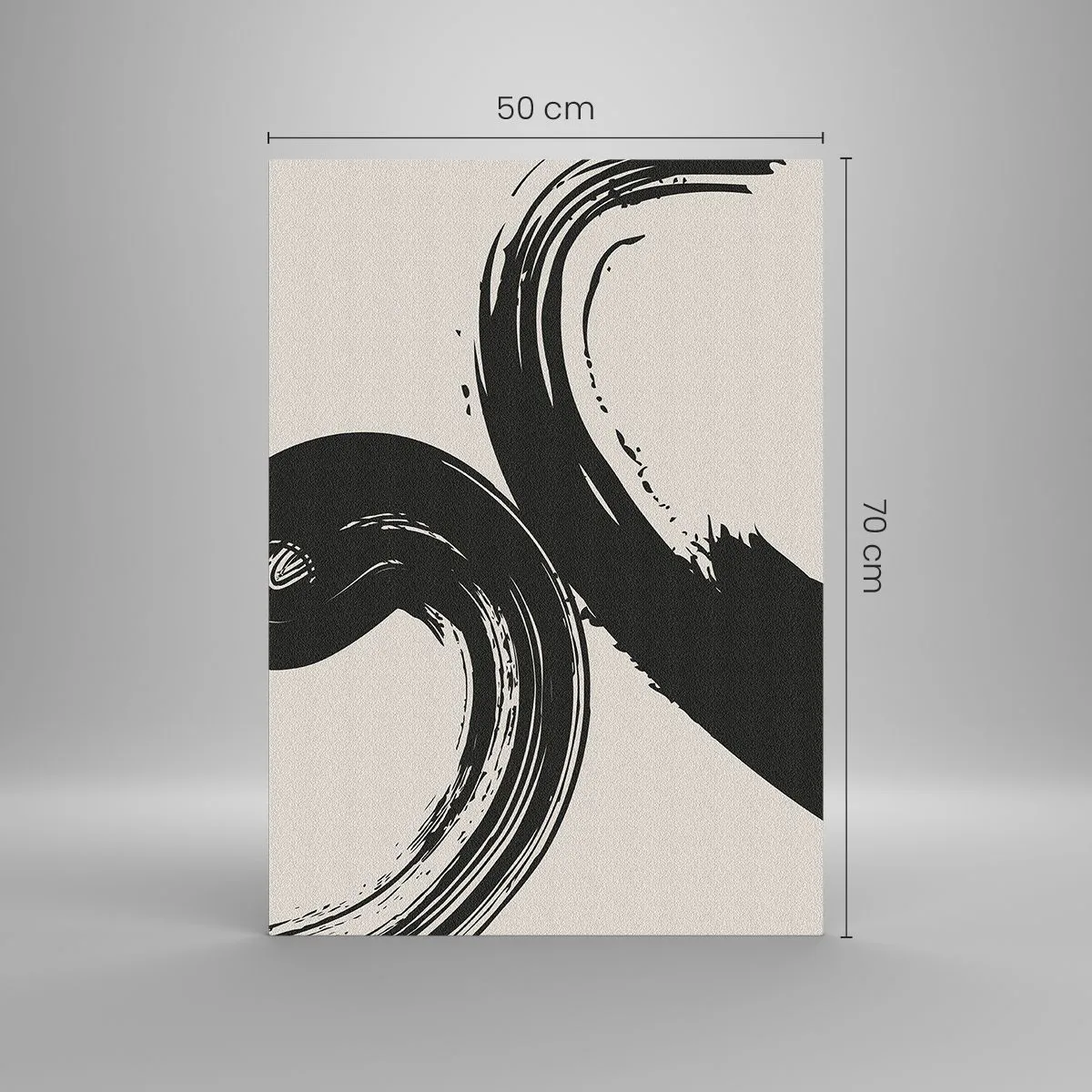 Glasbild - Bild auf glas - Schwarze, dynamische kalligrafische Pinselstriche auf hellem Hintergrund. - 50x70cm - Ausladend und kreisförmig - Moderne Wanddekoration für Wohnzimmer und Schlafzimmer ARTTOR