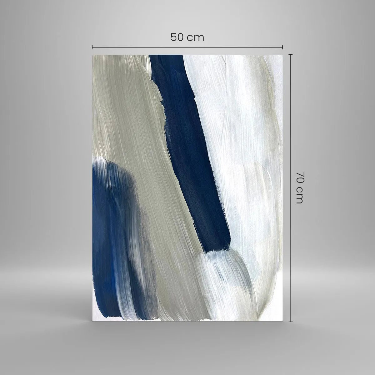 Glasbild - Bild auf glas - Minimalistische Abstraktion mit dynamischen Strichen in Weiß, Marineblau und Grau. - 50x70cm - Begegnung mit dem Weißsein - Moderne Wanddekoration für Wohnzimmer und Schlafzimmer ARTTOR
