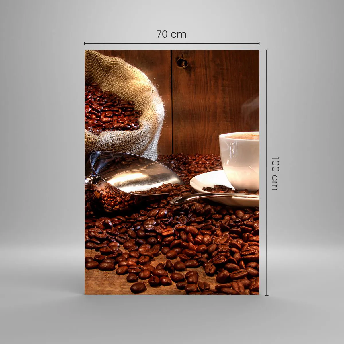 Impression sur verre - Image sur verre - Une tasse de café avec des grains de café et un sac de céréales en arrière-plan - 70x100cm - Sentez-vous cette odeur? - Décoration murale moderne pour le salon et la chambre ARTTOR