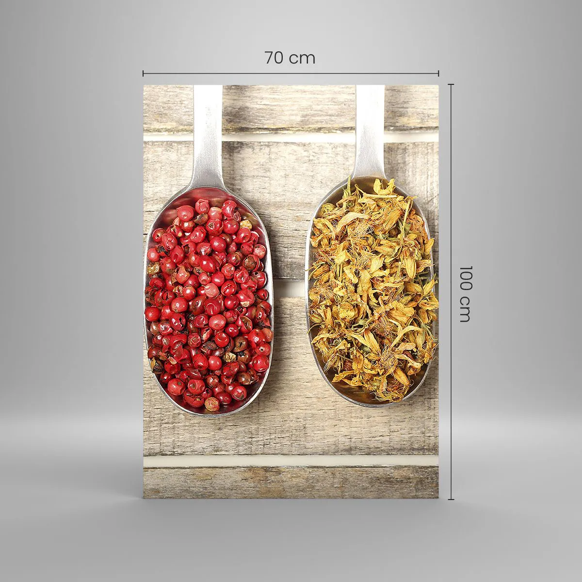 Cuadro sobre vidrio - Impresiones sobre Vidrio - Tres cucharas de metal con especias sobre un fondo de madera. - 70x100cm - La magia de la cocina - Decoración de pared moderna para salón y dormitorio ARTTOR