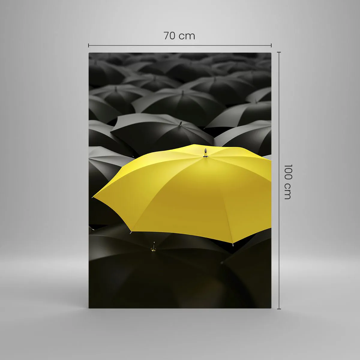 Impression sur verre - Image sur verre - Un parapluie jaune parmi des parapluies noirs - 70x100cm - Adieu chagrin - Décoration murale moderne pour le salon et la chambre ARTTOR