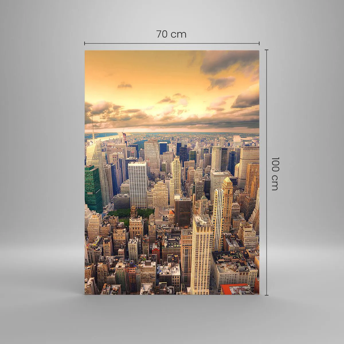 Obraz na szkle - Panorama miasta z widokiem na drapacze chmur o zachodzie słońca - 70x100cm - Wyzłocone metropolis - Nowoczesna dekoracja ścienna do salonu i sypialni ARTTOR