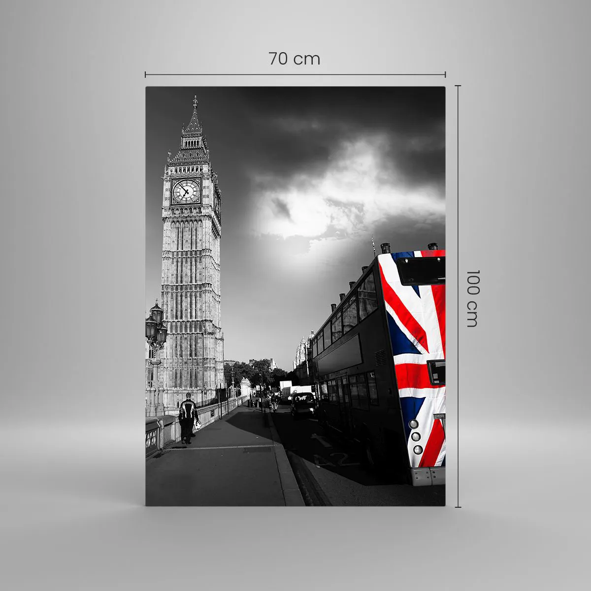Glasbild - Bild auf glas - Big Ben und ein Bus mit britischer Flagge vor schwarz-weißem Hintergrund - 70x100cm - Stolz und toll - Moderne Wanddekoration für Wohnzimmer und Schlafzimmer ARTTOR