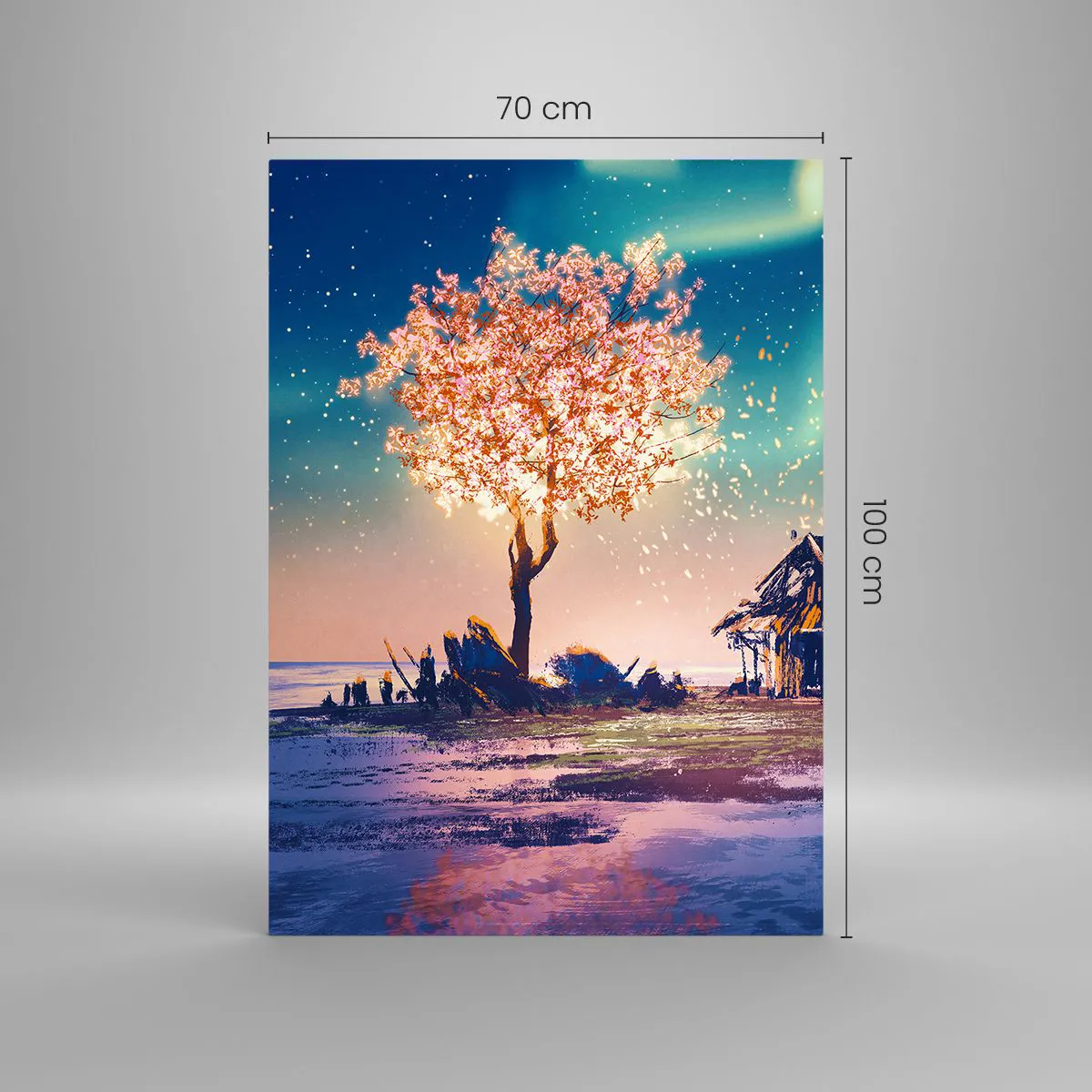 Quadro su vetro - Una casa e un albero in fiore sotto il cielo notturno - 70x100cm - La natura non passa - Decorazione murale moderna per soggiorno e camera da letto ARTTOR