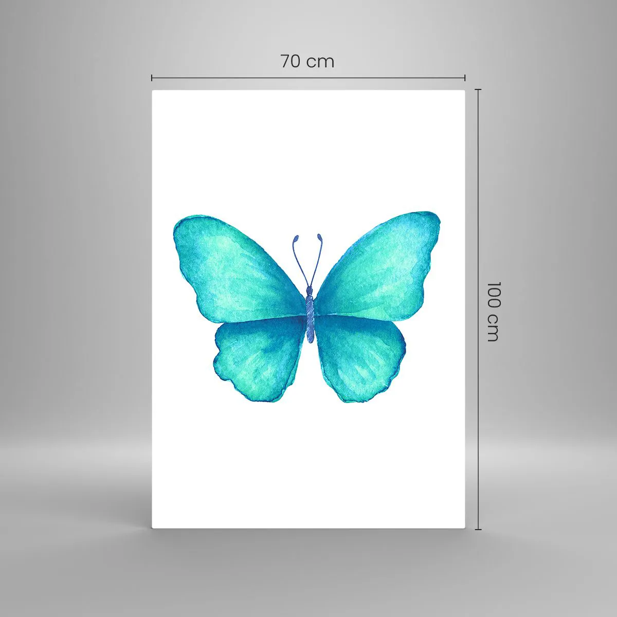 Glasbild - Bild auf glas - Blauer Schmetterling im Aquarellstil auf weißem Hintergrund - 70x100cm - Türkis von Natur aus - Moderne Wanddekoration für Wohnzimmer und Schlafzimmer ARTTOR