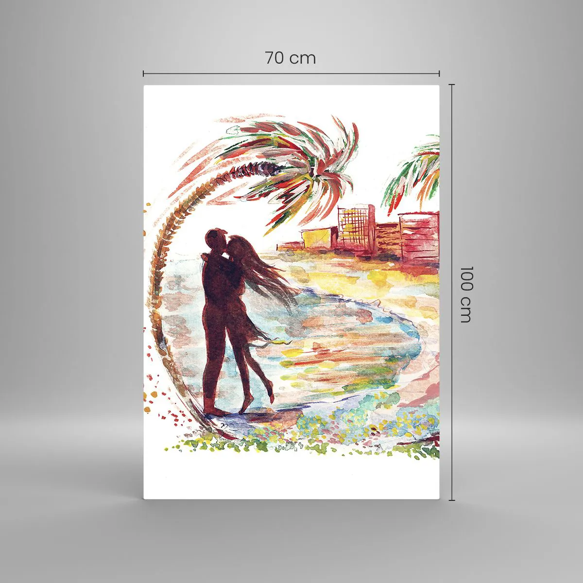 Glasbild - Bild auf glas - Romantische Paarszene an einem Strand mit Palmen in Aquarell - 70x100cm - Romantischer Urlaub - Moderne Wanddekoration für Wohnzimmer und Schlafzimmer ARTTOR