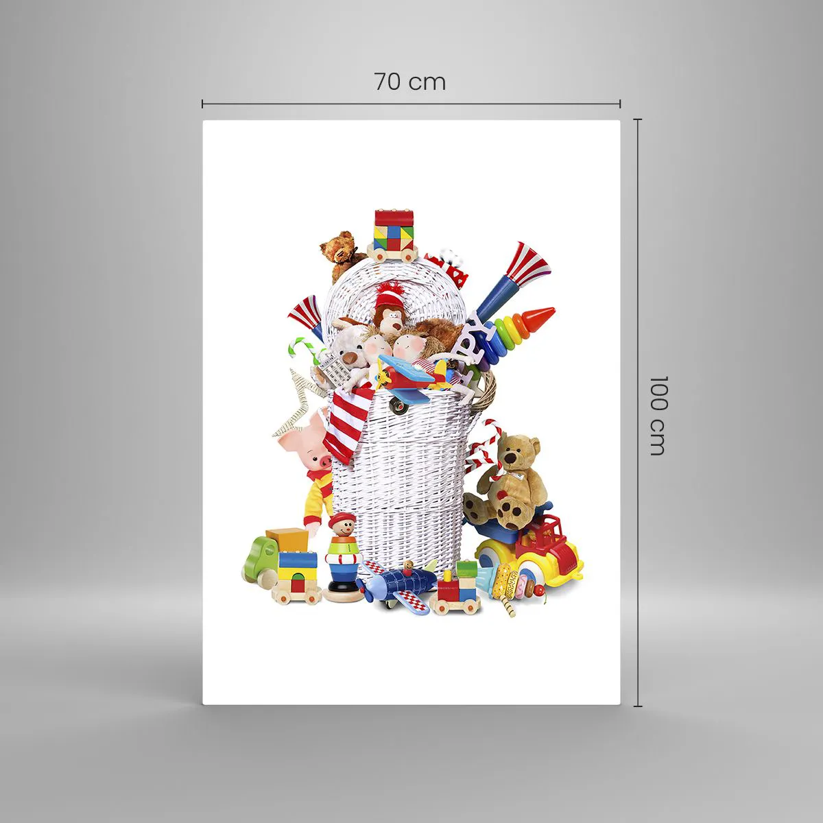 Impression sur verre - Image sur verre - Un panier coloré rempli de jouets pour enfants - 70x100cm - Trésors des tout-petits - Décoration murale moderne pour le salon et la chambre ARTTOR