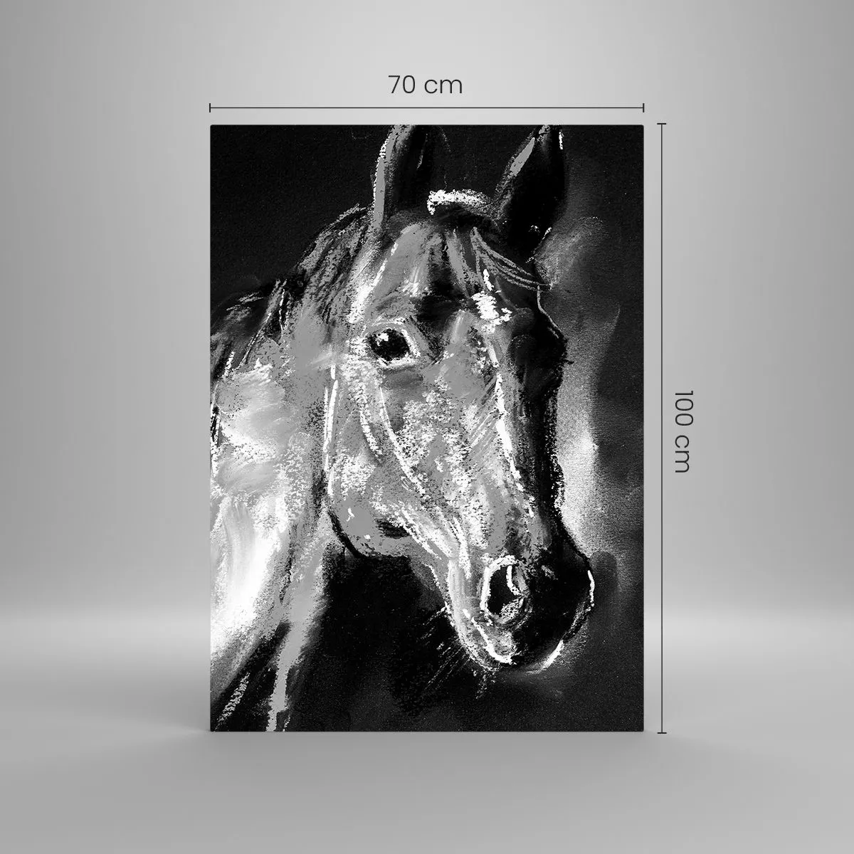 Impression sur verre - Image sur verre - Portrait d'un cheval dans un style dynamique en noir et blanc - 70x100cm - L'éclat d'une âme noble - Décoration murale moderne pour le salon et la chambre ARTTOR