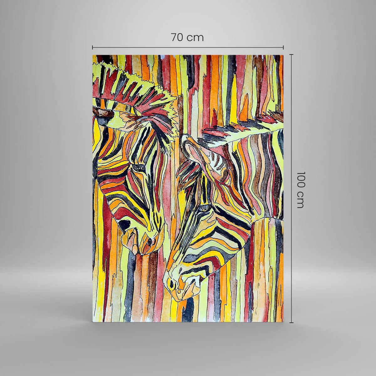Cuadro sobre vidrio - Impresiones sobre Vidrio - Cebras coloridas sobre un fondo de rayas abstractas - 70x100cm - Y tú también... - Decoración de pared moderna para salón y dormitorio ARTTOR
