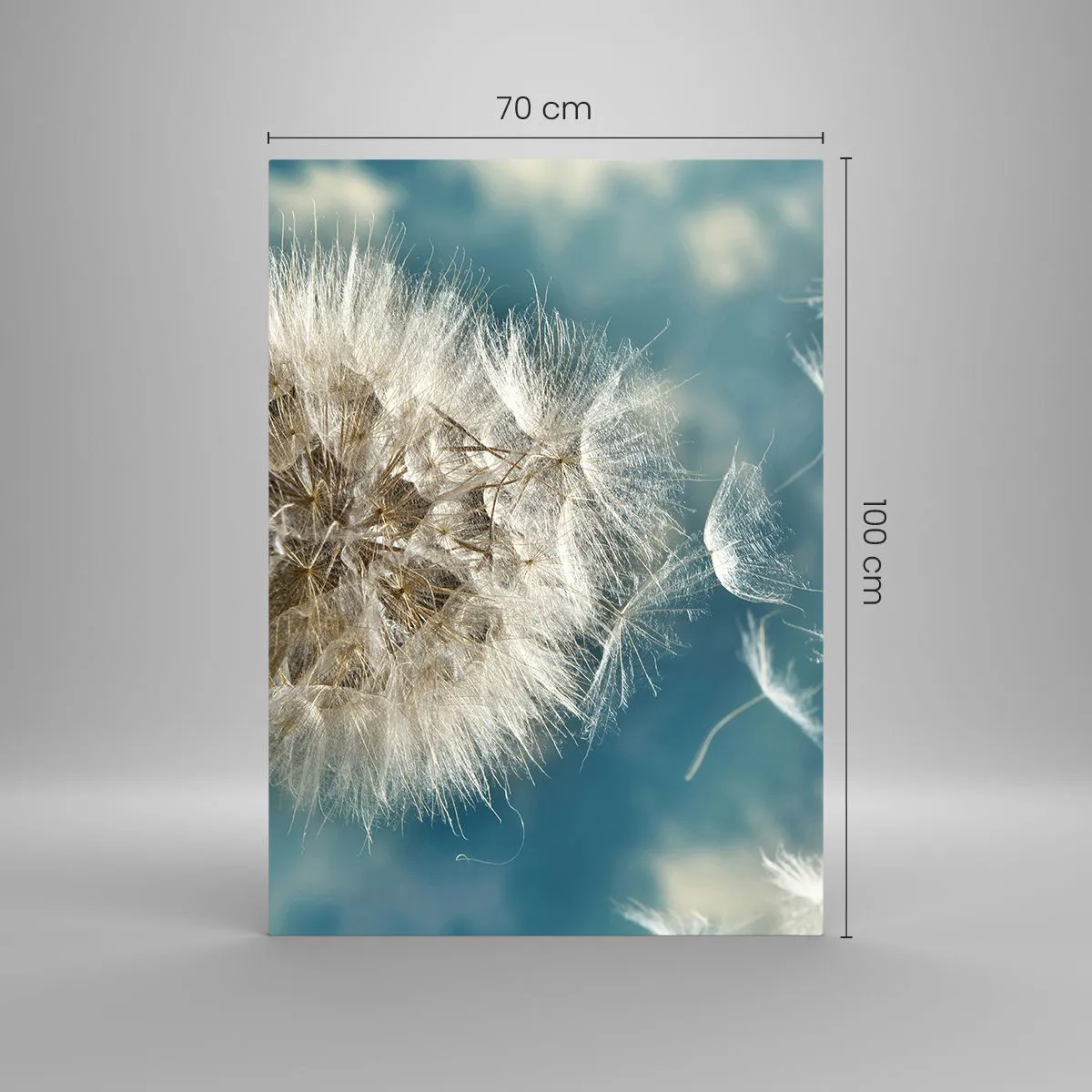 Cuadro sobre vidrio - Impresiones sobre Vidrio - Un diente de león desperdigado contra un cielo azul. - 70x100cm - El aliento de un ángel - Decoración de pared moderna para salón y dormitorio ARTTOR