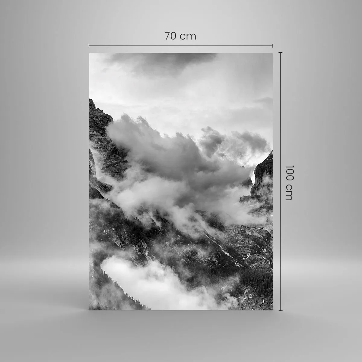 Glasbild - Bild auf glas - Schwarz-Weiß-Ansicht der von Wolken umgebenen Berge - 70x100cm - Schön und grausam - Moderne Wanddekoration für Wohnzimmer und Schlafzimmer ARTTOR
