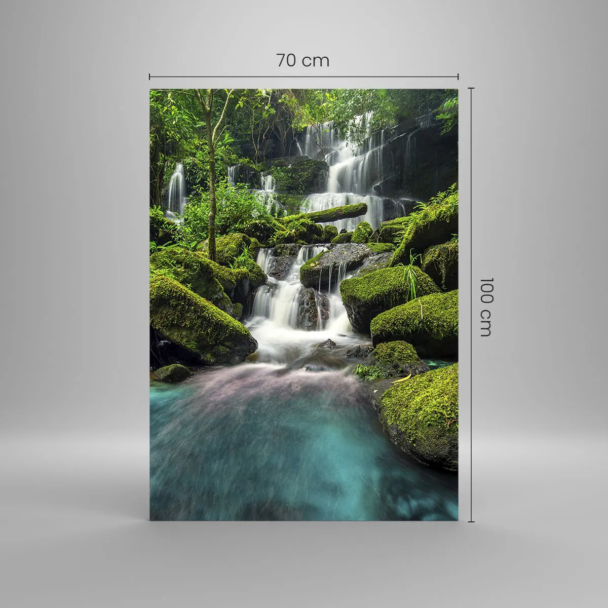 Quadro su vetro - Una cascata tropicale circondata dal verde e dall'acqua turchese - 70x100cm - Turchese, zaffiro e argento liquido - Decorazione murale moderna per soggiorno e camera da letto ARTTOR