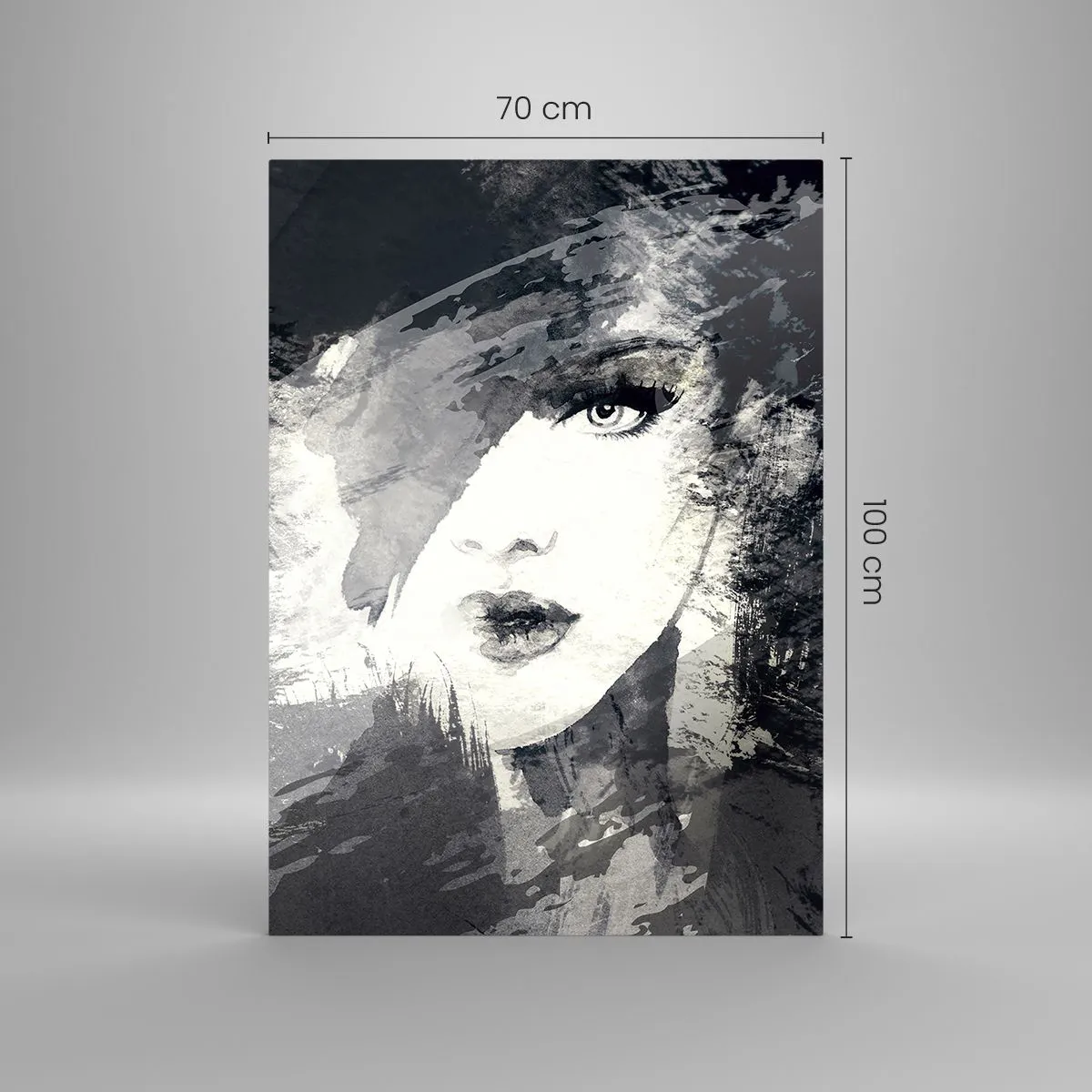 Glasbild - Bild auf glas - Ein abstraktes Frauenporträt in Grautönen mit zarten Akzenten. - 70x100cm - Hinter einem grauen Schleier - Moderne Wanddekoration für Wohnzimmer und Schlafzimmer ARTTOR