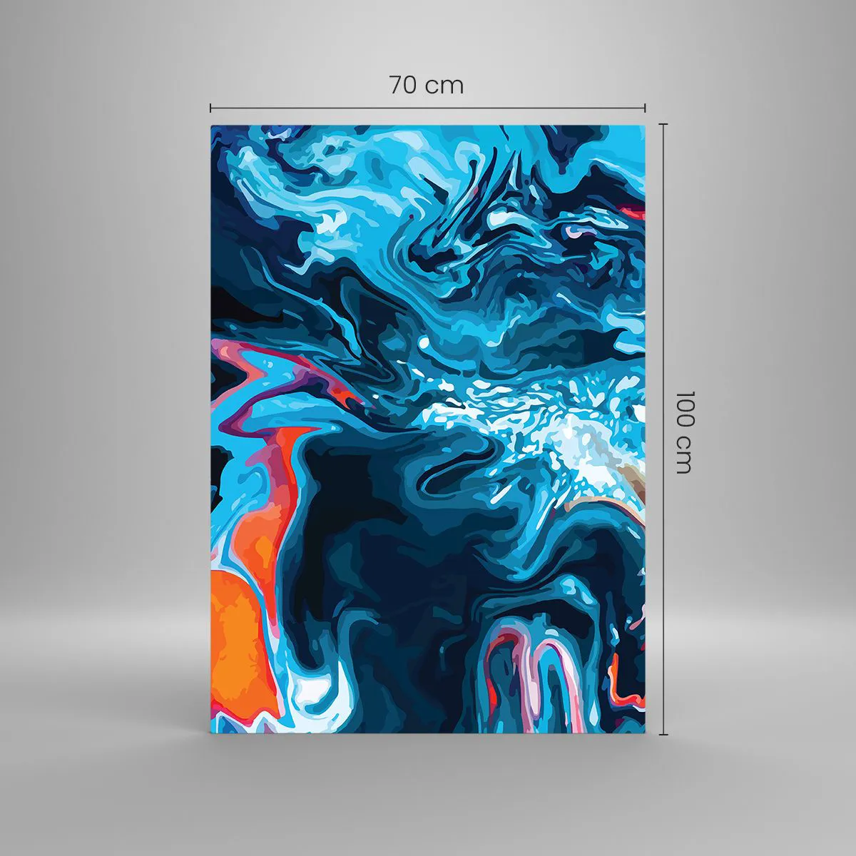 Glasbild - Bild auf glas - Ein abstraktes Muster in Blautönen mit orangefarbenen Akzenten. - 70x100cm - Reise ins Zentrum des Himmels - Moderne Wanddekoration für Wohnzimmer und Schlafzimmer ARTTOR