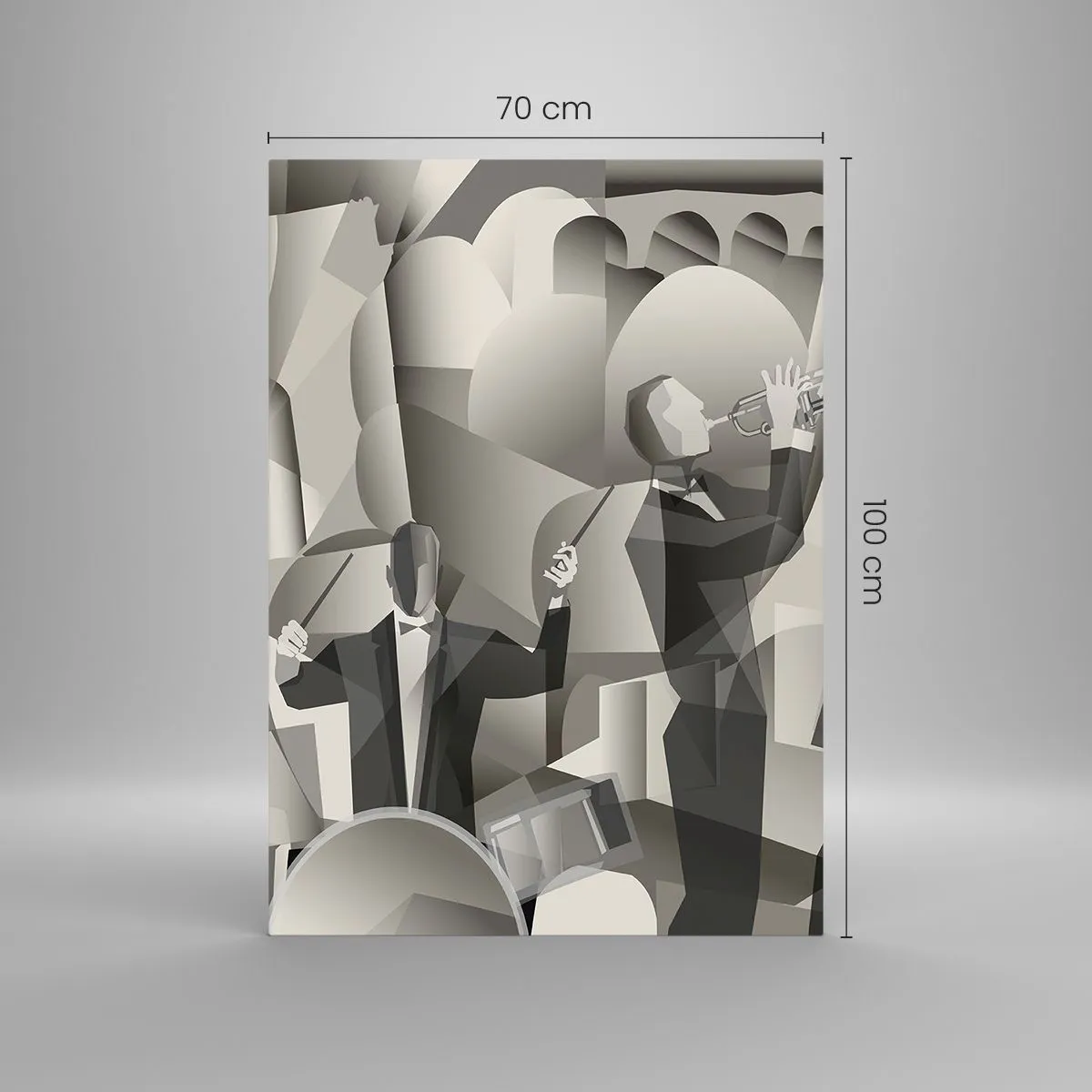 Glasbild - Bild auf glas - Abstrakte Szene mit Jazzmusikern in Grautönen. - 70x100cm - Im Raum der Klänge - Moderne Wanddekoration für Wohnzimmer und Schlafzimmer ARTTOR