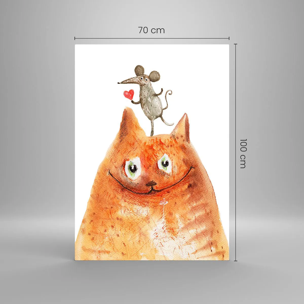 Impression sur verre - Image sur verre - Un dessin d'un chat avec une souris sur la tête tenant un cœur - 70x100cm - Amour paradoxal - Décoration murale moderne pour le salon et la chambre ARTTOR