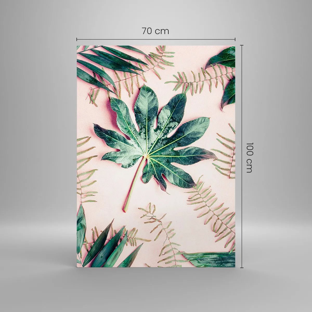 Tablou pe sticlă - Studiu de verdeață pe un fundal roz - 70x100 cm