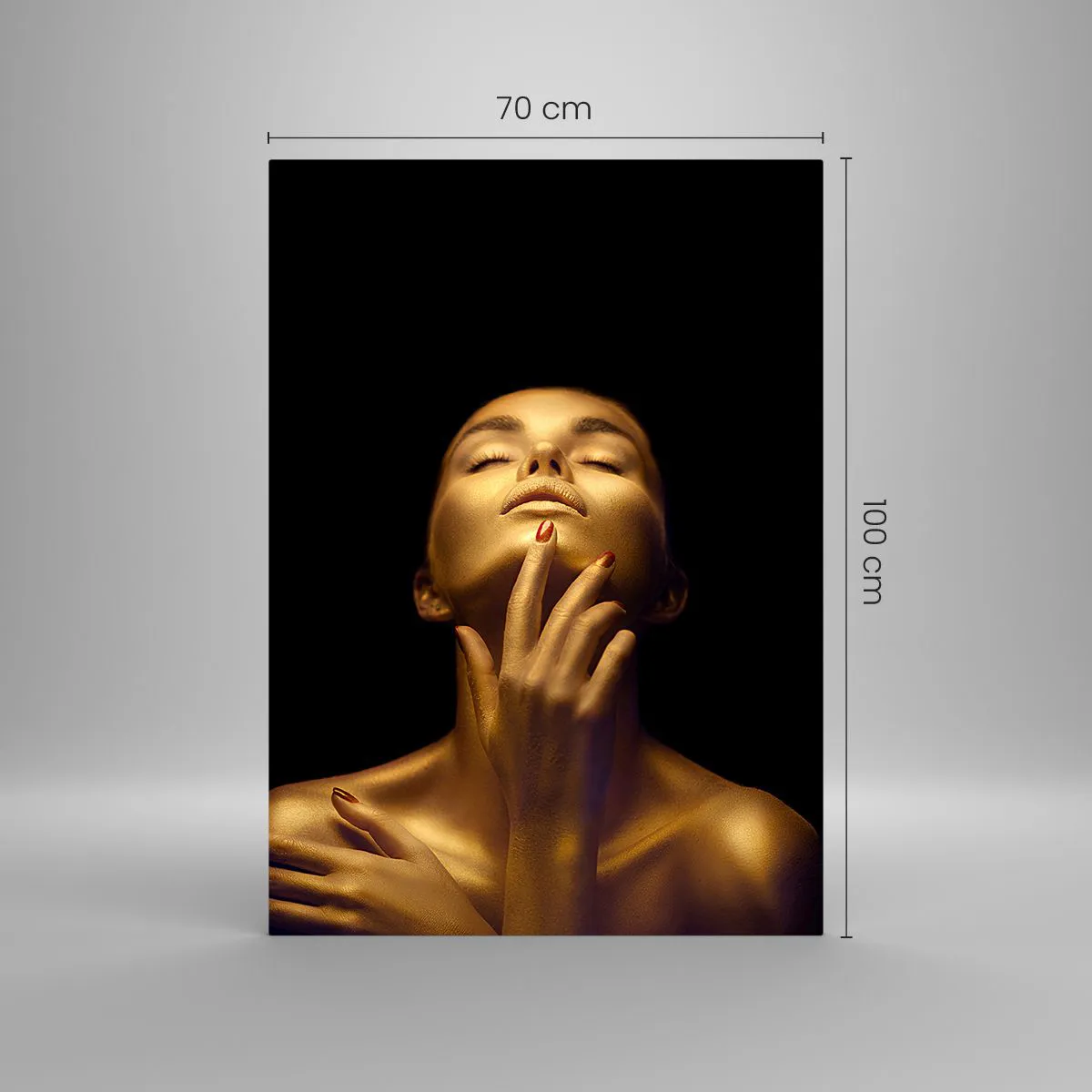 Glasbild - Bild auf glas - Porträt einer Frau in goldenem Glanz auf schwarzem Hintergrund - 70x100cm - Wie goldene Seide - Moderne Wanddekoration für Wohnzimmer und Schlafzimmer ARTTOR
