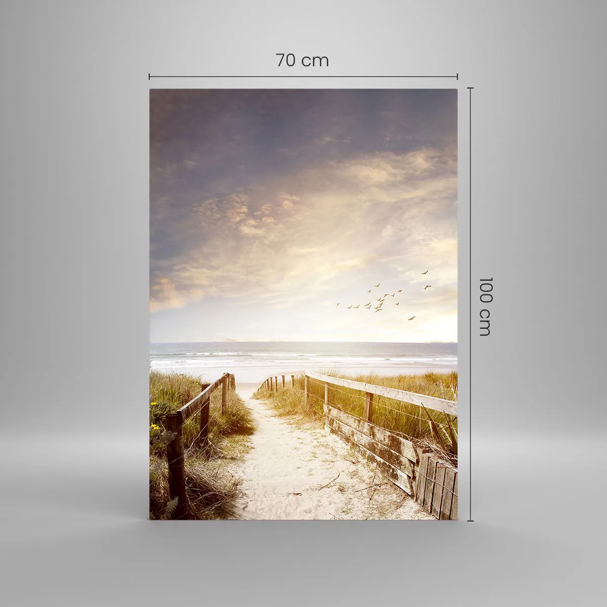 Obraz na szkle - Drewniana ścieżka prowadząca na plażę o zachodzie słońca - 70x100cm - Przestrzeń spokoju - Nowoczesna dekoracja ścienna do salonu i sypialni ARTTOR