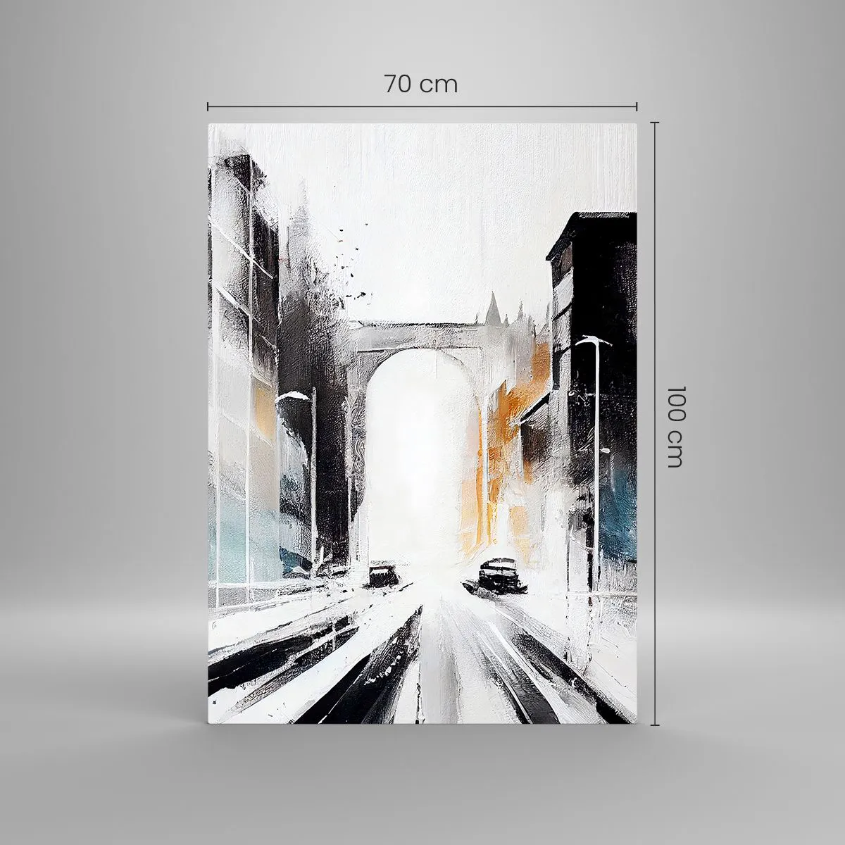 Glasbild - Bild auf glas - Abstraktes Stadtpanorama mit einer Bogenbrücke - 70x100cm - Stadtstudie: Architektur und Bewegung - Moderne Wanddekoration für Wohnzimmer und Schlafzimmer ARTTOR