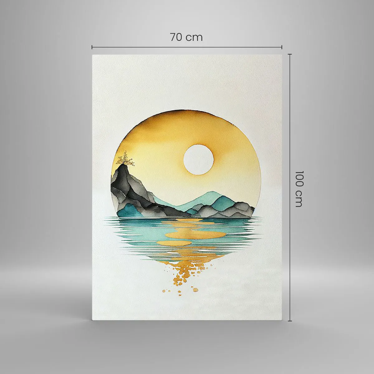 Obraz na szkle - Akwarelowy pejzaż gór i jeziora w złotej poświacie zachodzącego słońca - 70x100cm - W kręgu piękna - Nowoczesna dekoracja ścienna do salonu i sypialni ARTTOR