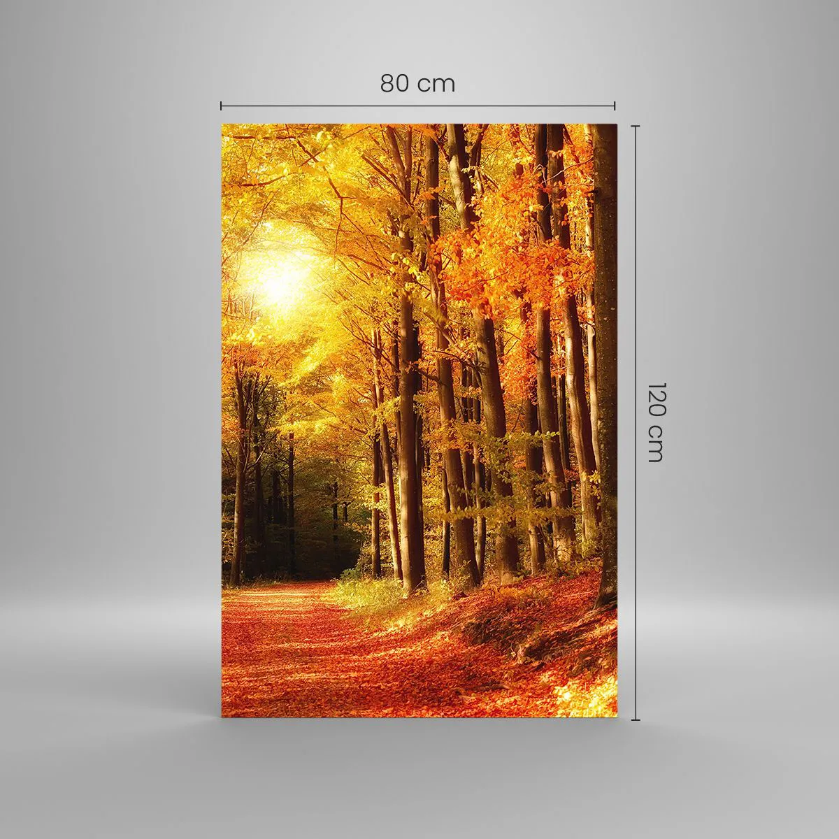 Glasbild - Bild auf glas - Herbstwald mit Sonnenstrahlen, die durch die Bäume scheinen - 80x120cm - Goldener Herbst auf einer Forststraße - Moderne Wanddekoration für Wohnzimmer und Schlafzimmer ARTTOR