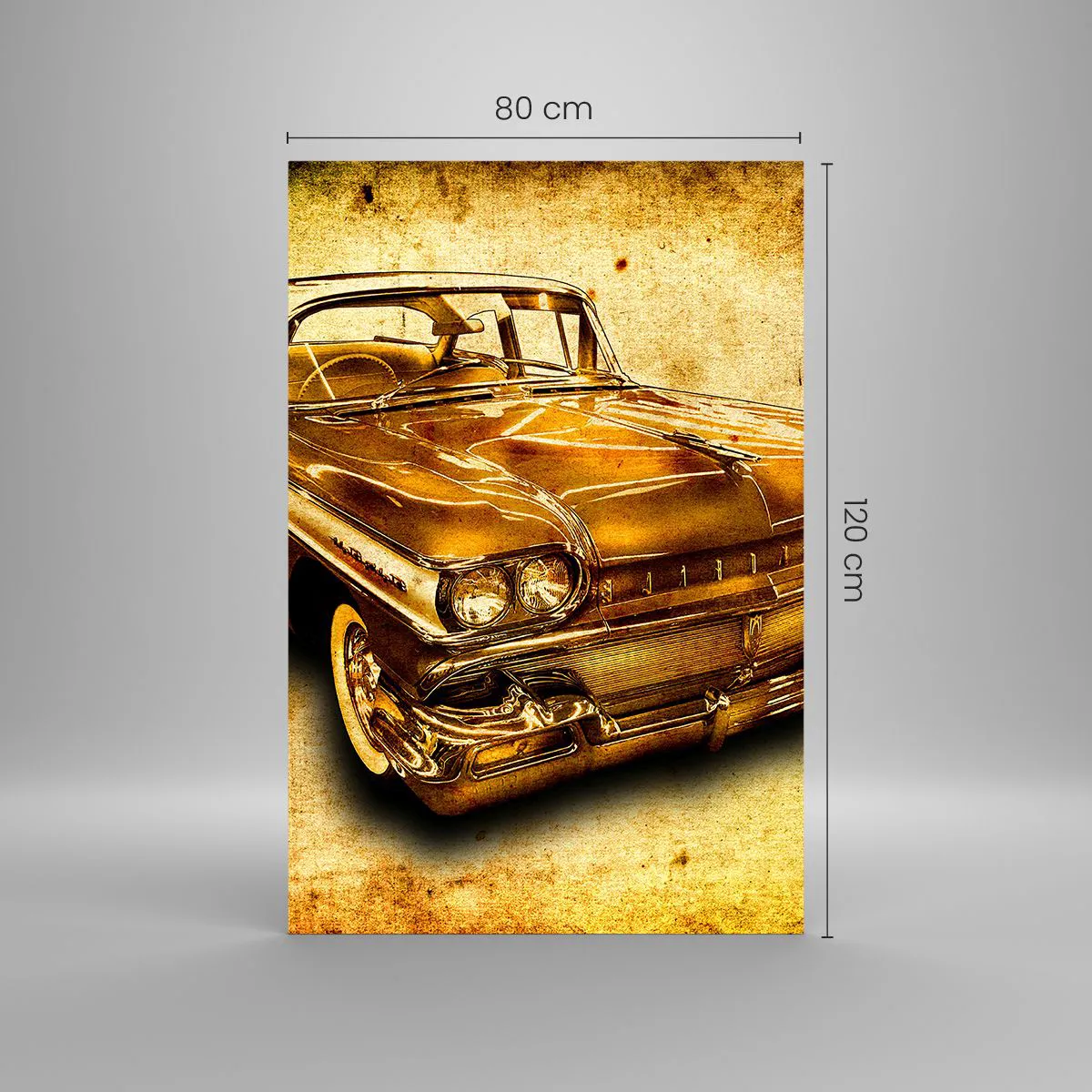 Glasbild - Bild auf glas - Ein goldenes klassisches Retro-Auto auf einem Vintage-Hintergrund mit gealtertem Effekt. - 80x120cm - Die unvergängliche Schönheit der Klassiker - Moderne Wanddekoration für Wohnzimmer und Schlafzimmer ARTTOR