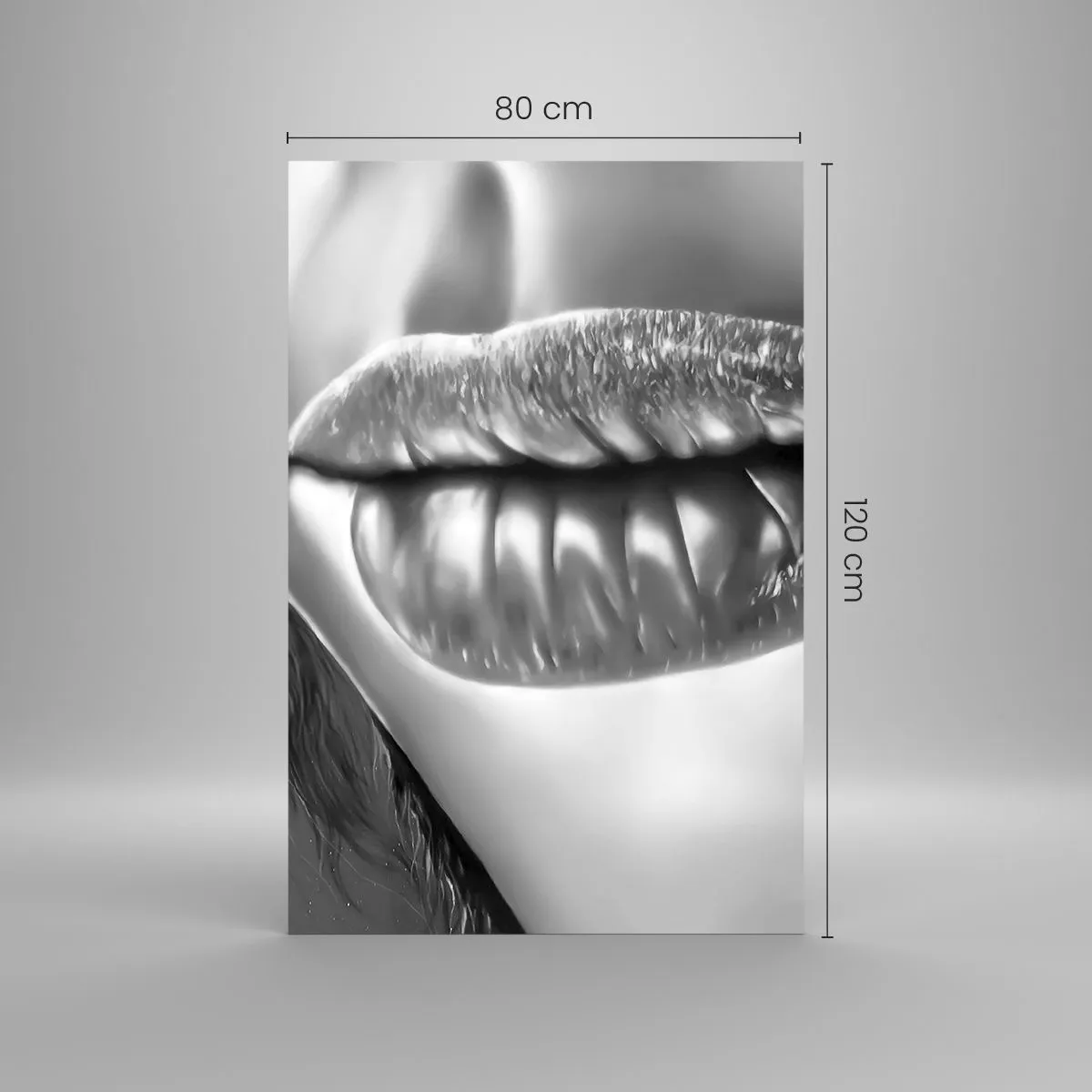 Glasbild - Bild auf glas - Schwarz-weiße Nahaufnahme der Lippen einer Frau mit Glanzeffekt und Details. - 80x120cm - Ich weiß, was du denkst… - Moderne Wanddekoration für Wohnzimmer und Schlafzimmer ARTTOR