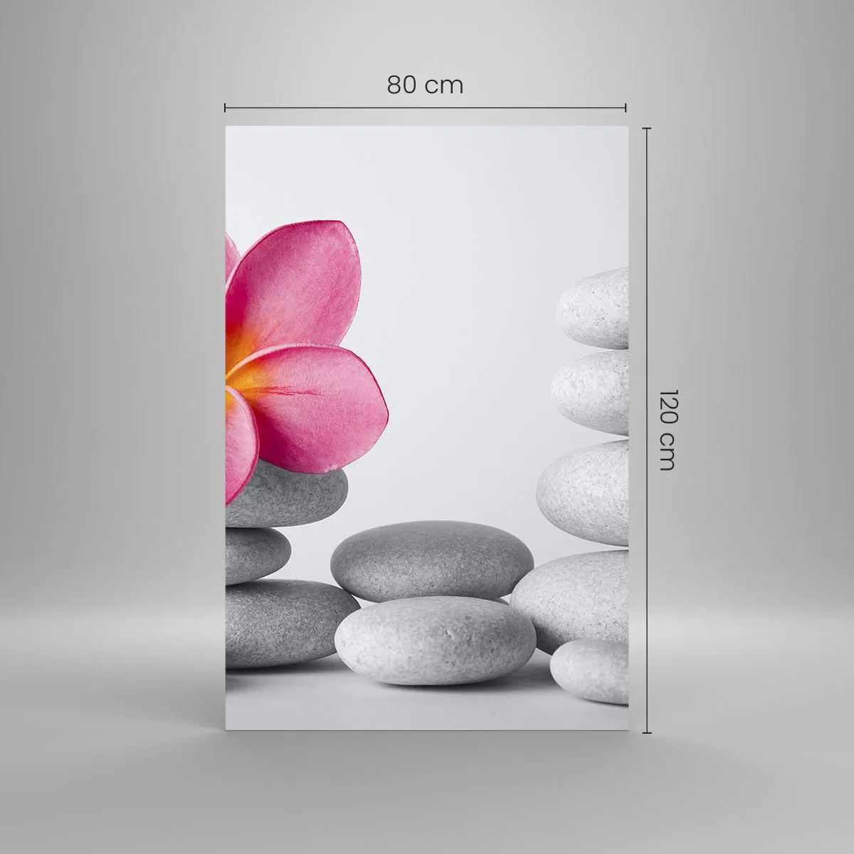 Quadro su vetro - Fiore rosa su pietre in stile zen - 80x120cm - Pietra su pietra, e su questa pietra... - Decorazione murale moderna per soggiorno e camera da letto ARTTOR