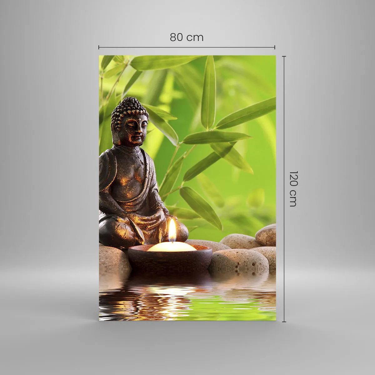 Obraz na szkle - Figura Buddy z kamieniami i świeczką na tle bambusa - 80x120cm - Życie jest piękne - Nowoczesna dekoracja ścienna do salonu i sypialni ARTTOR