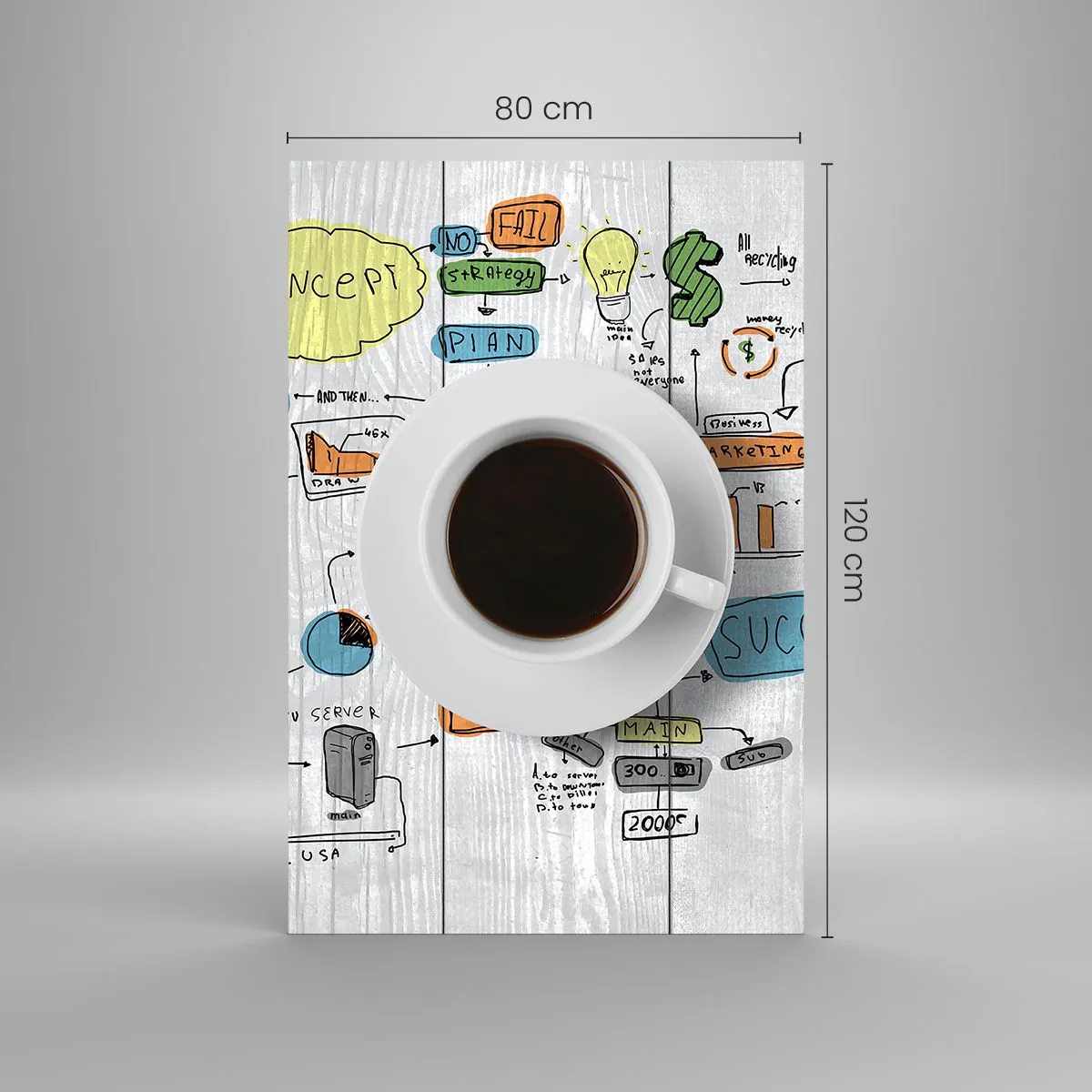 Glasbild - Bild auf glas - Eine Tasse Kaffee vor dem Hintergrund einer konzeptionellen Zeichnung - 80x120cm - Zeit für eine Pause - Moderne Wanddekoration für Wohnzimmer und Schlafzimmer ARTTOR