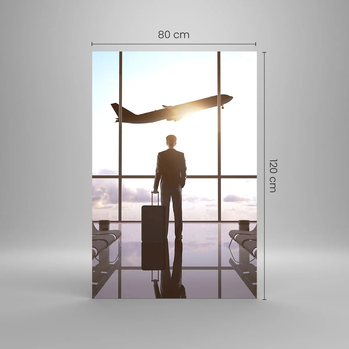 Cuadro sobre vidrio - Impresiones sobre Vidrio - Hombre de negocios en el aeropuerto con un avión al fondo - 80x120cm - Tienes tiempo, tranquilo - Decoración de pared moderna para salón y dormitorio ARTTOR
