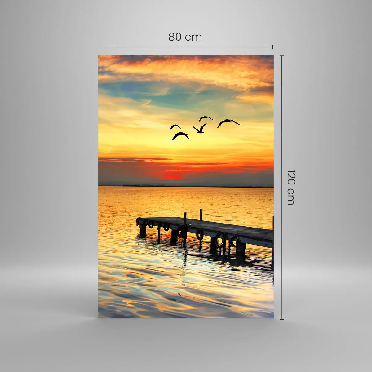 Impression sur verre - Image sur verre - Coucher de soleil avec un voilier et une jetée sur un lac calme - 80x120cm - Le soir revient - Décoration murale moderne pour le salon et la chambre ARTTOR