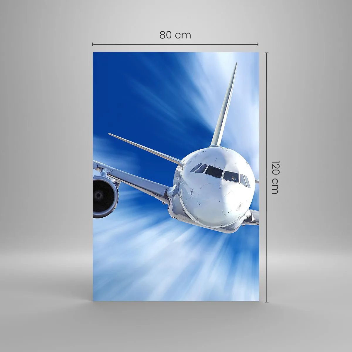 Cuadro sobre vidrio - Impresiones sobre Vidrio - Un avión de pasajeros en movimiento contra el cielo. - 80x120cm - Más rápido que el viento en el cielo - Decoración de pared moderna para salón y dormitorio ARTTOR