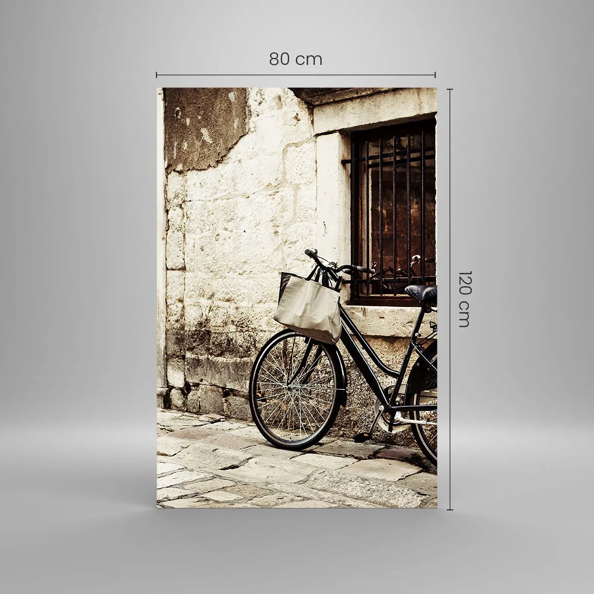 Impression sur verre - Image sur verre - Un vélo contre un mur de pierre avec une fenêtre et une porte de style rétro - 80x120cm - Retour au passé - Décoration murale moderne pour le salon et la chambre ARTTOR