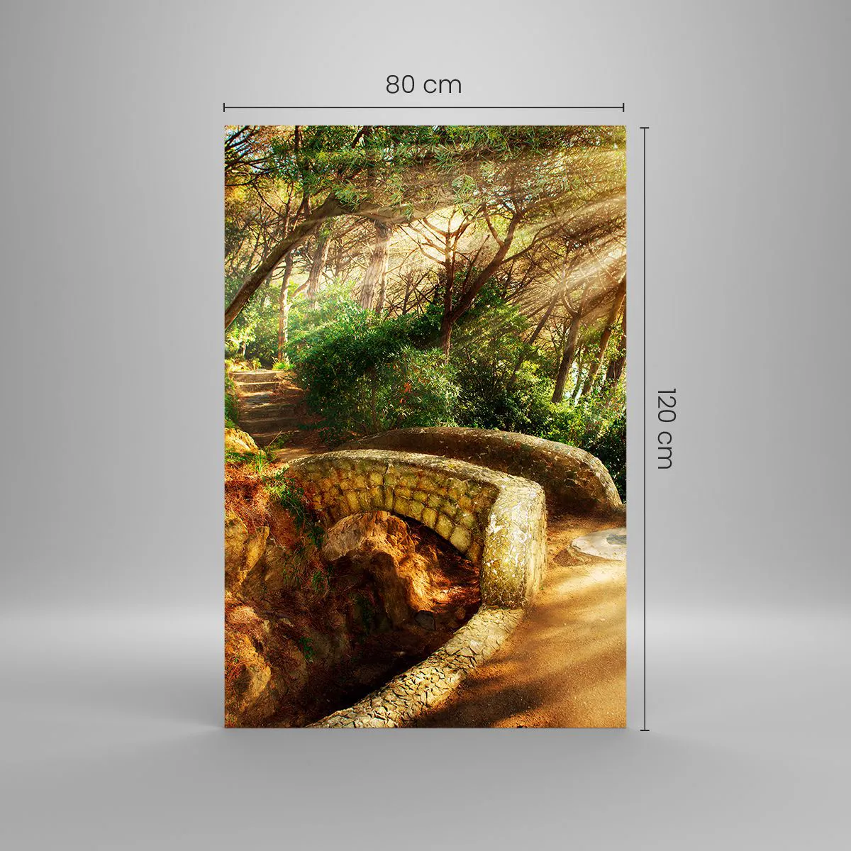 Impression sur verre - Image sur verre - Paysage forestier avec des rayons de soleil et un pont de pierre - 80x120cm - Directement du pont dans une forêt de conte de fées - Décoration murale moderne pour le salon et la chambre ARTTOR