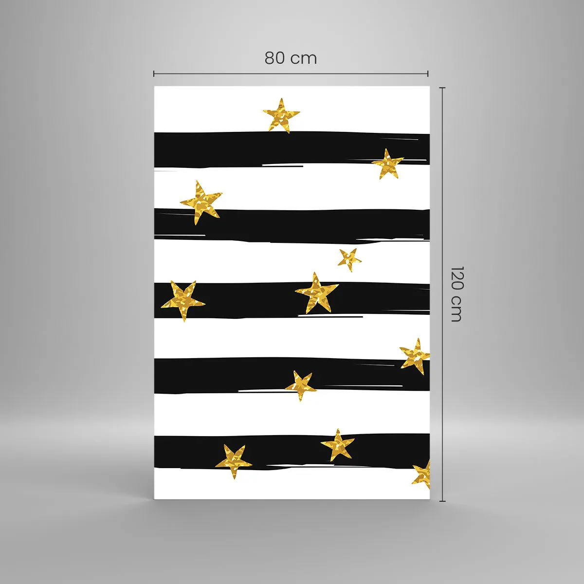 Obraz na szkle - Czarno-białe pasy z złotymi gwiazdkami - 80x120cm - Wszyscy urodziliśmy się pod szczęśliwą gwiazdą - Nowoczesna dekoracja ścienna do salonu i sypialni ARTTOR