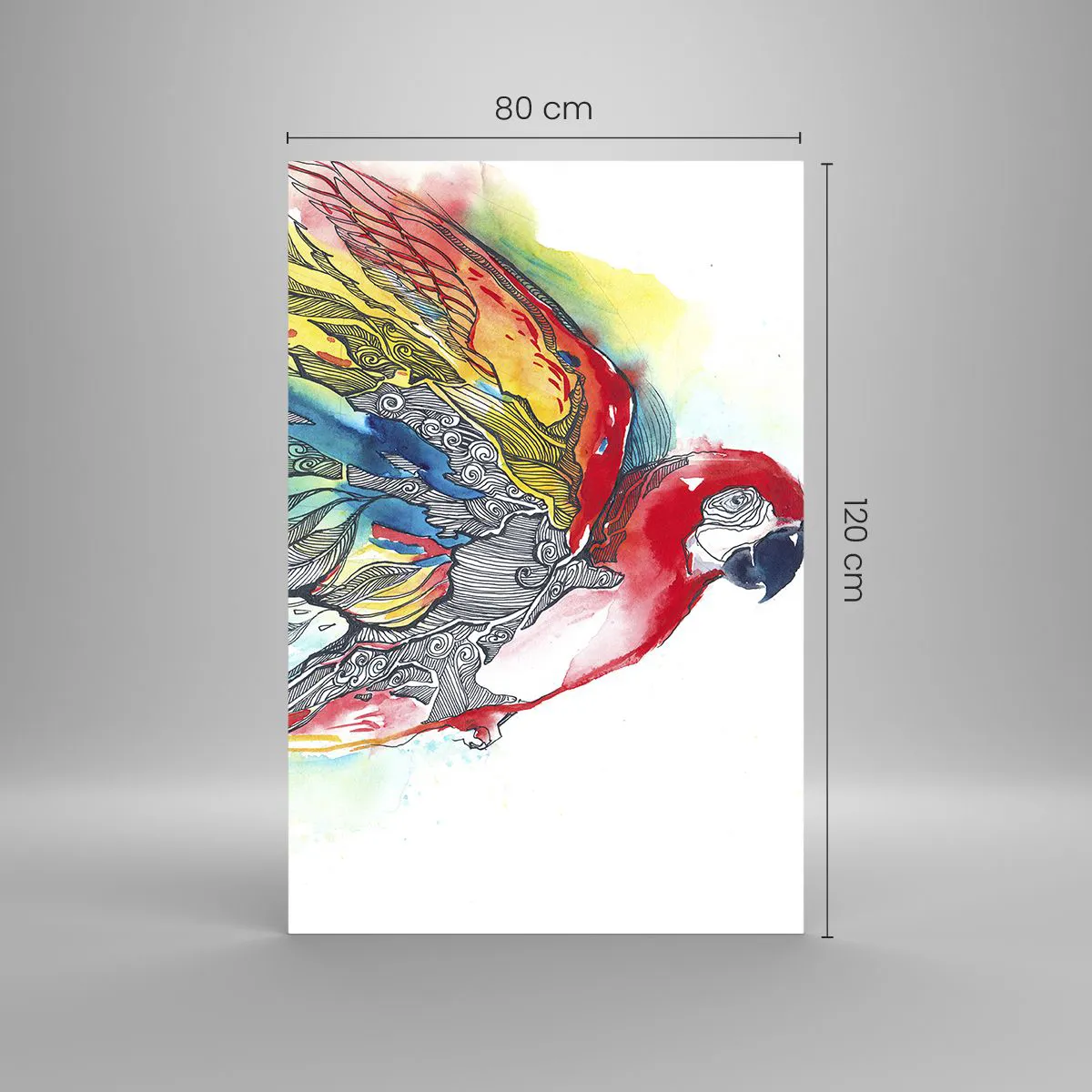 Impression sur verre - Image sur verre - Un perroquet coloré en vol avec des motifs abstraits sur ses ailes. - 80x120cm - Vivez haut en couleurs - Décoration murale moderne pour le salon et la chambre ARTTOR