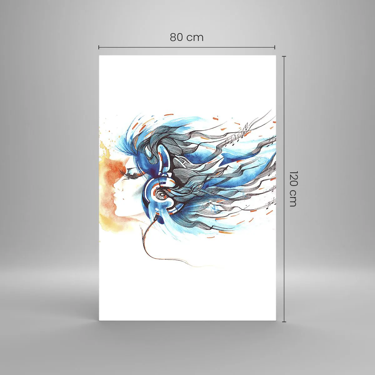 Obraz na szkle - Artystyczna grafika kobiety w słuchawkach z muzycznymi akcentami - 80x120cm - Niech gra muzyka - Nowoczesna dekoracja ścienna do salonu i sypialni ARTTOR