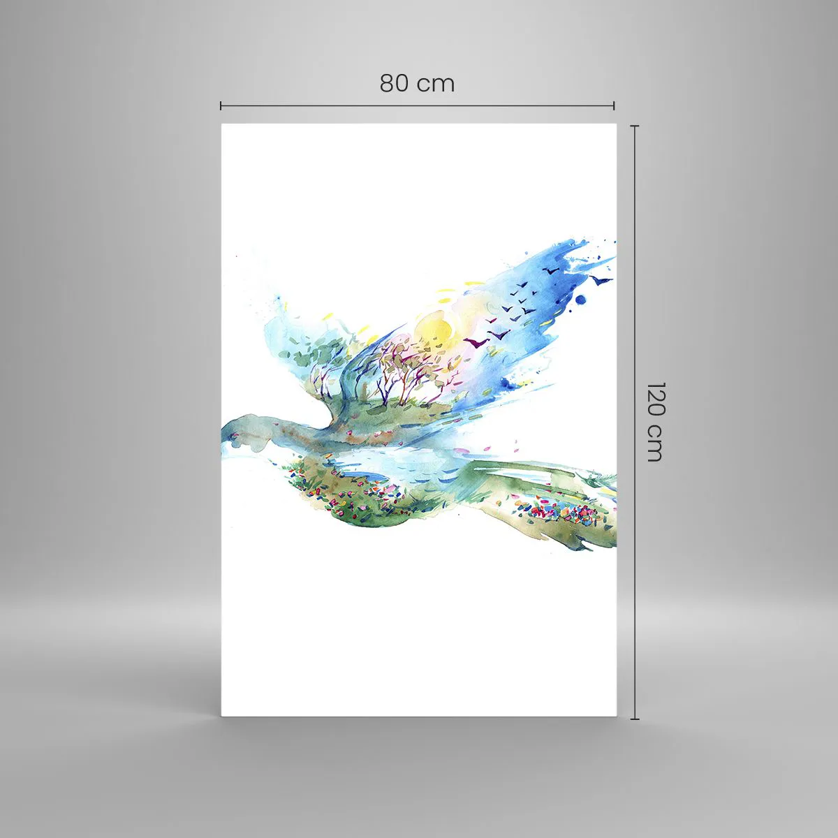 Glasbild - Bild auf glas - Aquarellkomposition eines Vogels mit Elementen der Natur - 80x120cm - Auf den Flügeln der Natur - Moderne Wanddekoration für Wohnzimmer und Schlafzimmer ARTTOR