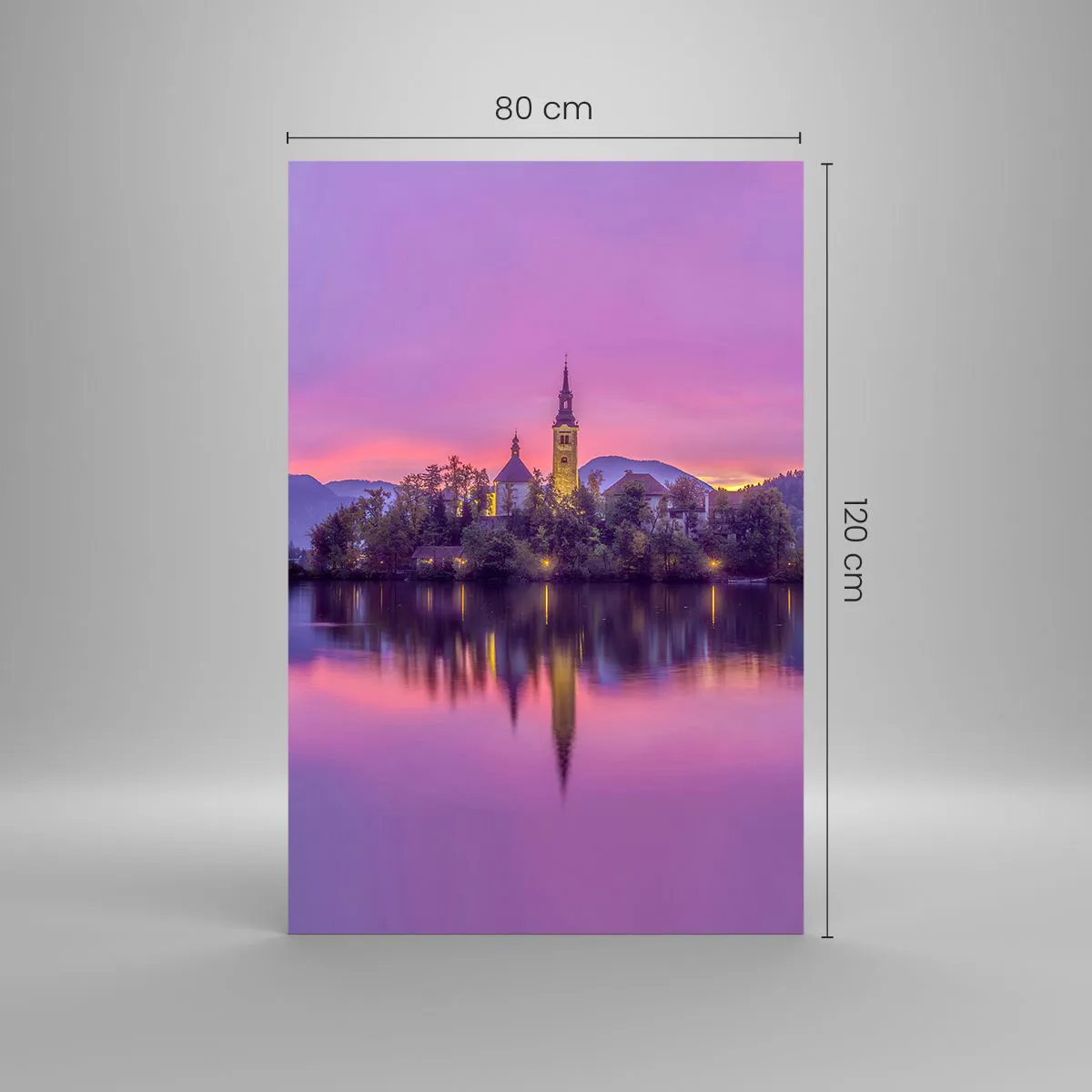 Glasbild - Bild auf glas - See mit einer Insel und einer Kirche bei Sonnenuntergang - 80x120cm - Eine märchenhafte Insel in der Abenddämmerung - Moderne Wanddekoration für Wohnzimmer und Schlafzimmer ARTTOR