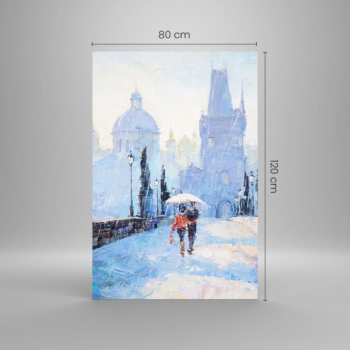 Obraz na szkle - Romantyczna para na moście w deszczu, malarska scena - 80x120cm - Nas zaczarować musiał deszcz - Nowoczesna dekoracja ścienna do salonu i sypialni ARTTOR