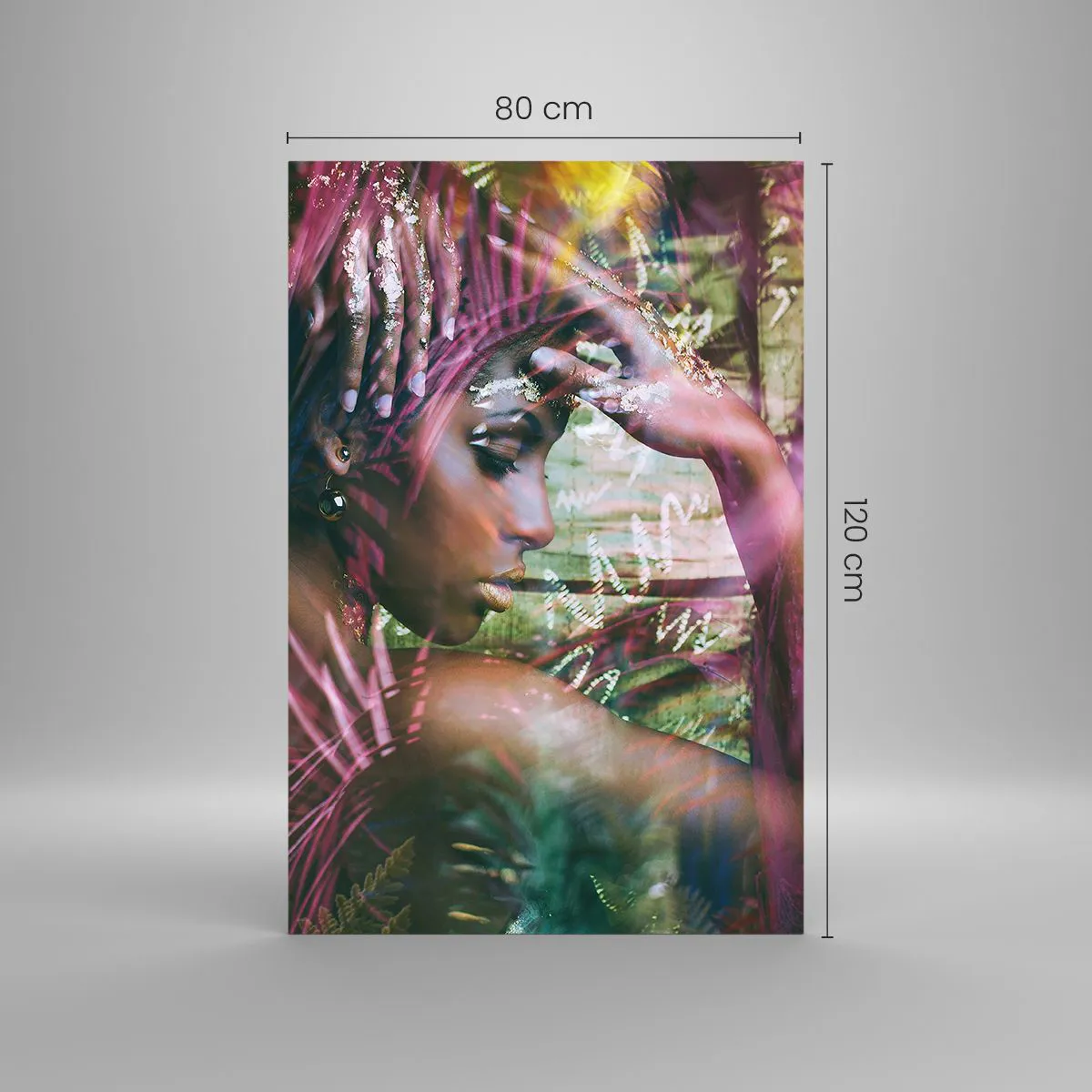Impression sur verre - Image sur verre - Portrait d'une femme entourée d'une végétation exotique - 80x120cm - Dame Nature dans la jungle - Décoration murale moderne pour le salon et la chambre ARTTOR